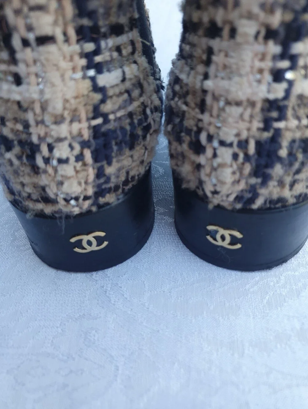 CHANEL Tweed Chelsea Ankle Leather Booties in Beige and Black Size 40 Made ITALY